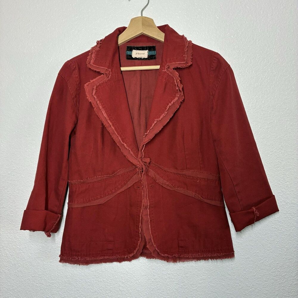 Picasso Blazer Womens Medium Red Cotton Fringe Trim 3/4 Sleeve Twill Jacket